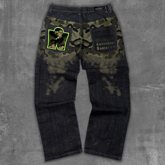 Y2k Raw Blue Ganja Baggy Jeans