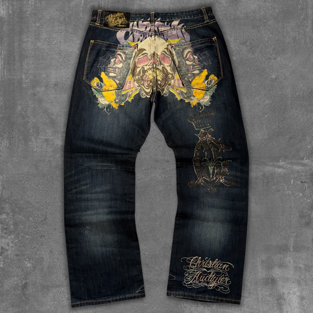 RARE Christian Audigier Day of the Dead Baggy Jeans