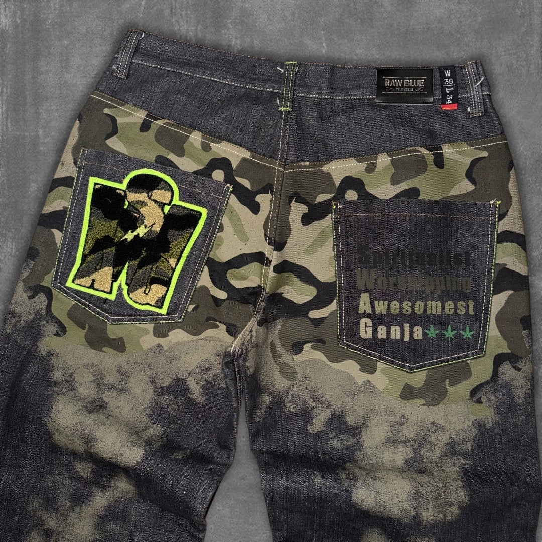 Y2k Raw Blue Ganja Baggy Jeans