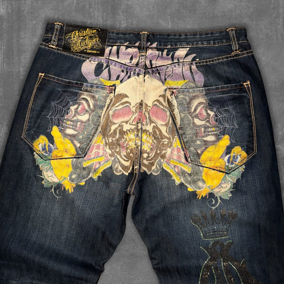 RARE Christian Audigier Day of the Dead Baggy Jeans